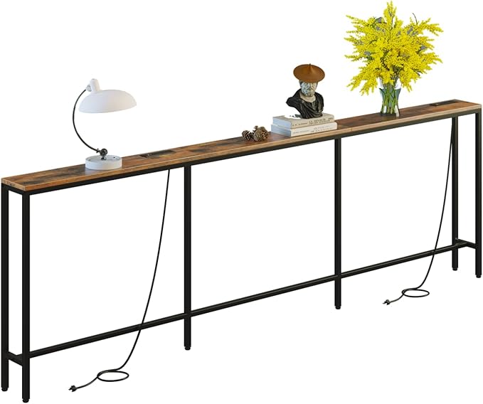 102.4" Behind Couch Table with 2 Fast Charging Stations, 7.1" Narrow Skinny Sofa Table with 4 Power Outlets, 4 USB-A, 2 USB-C for Console Entryway, Rustic Brown