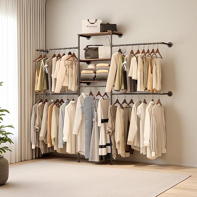 Industrial Pipe Clothing Rack - Heavy Duty Wall Mounted Clothes Rack, Corner Closet System, DIY Wardrobe Organizer with Shelves, Walk in Closet Storage (BLACK, 94.5")