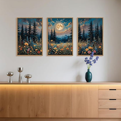 Large Nature Moon Wildflowers Framed Canvas Wall Art,Vintage Forest Flowers Wall Decor,Dark Mountain Night Wall Painting,Wilderness Artwork for Living Room,Bedroom,Dining Room,Office -24"x36"x3