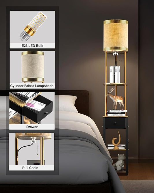 Lightdot 65IN Floor Lamps with Storage Table&Drawer, Corner Shelf Lamps with Black End Table and Fabric Lampshade, Modern Standing Tall Lamp for Living Room/Bedroom/Office(E26 LED Bulb Included)