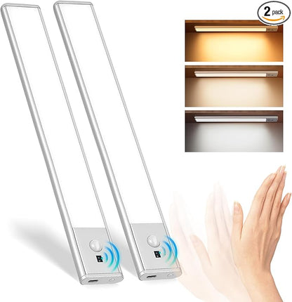 Under Cabinet Lighting, Motion Sensor Light with 3 Color Temps, Rechargeable Closet Lights with Hand Wave, 11.8 Inch Dimmable Under Counter Lights for Kitchen, Wardrobe, Stairs, 2 Pack