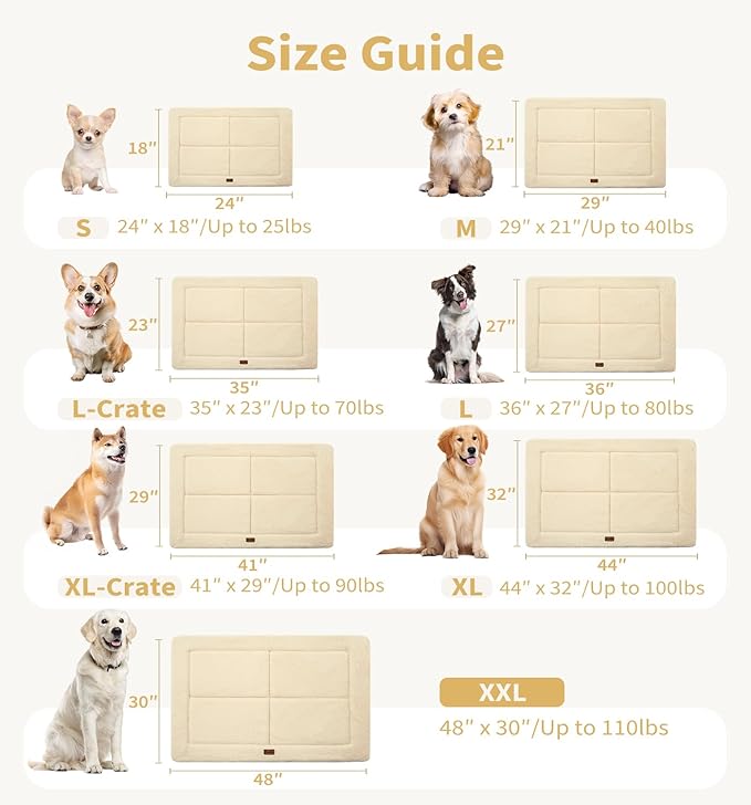 Made4Pets Dog Crate Pad Bed for Medium Large Dogs, Washable & Reversible, Anti-Slip Kennel Mat for Cozy Sleeping, Soft Fluffy Dog Bed for Indoor & Outdoor Use, 35"x23", Beige