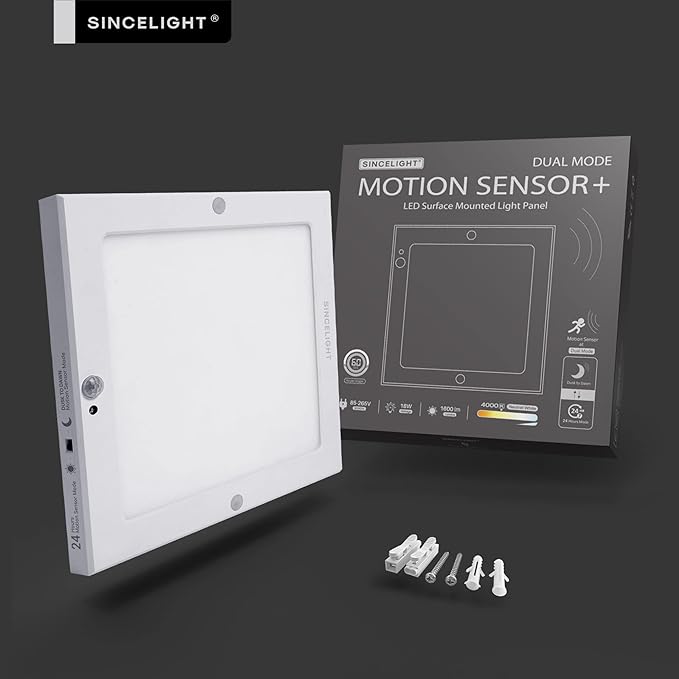 SINCELIGHT PIR Motion Sensor 18W LED Ceiling Light (Square), Automatically ON/Off, Movement Activated, Dual Mode Turnable, Neutral White 4000K, Surface/Flush Mount for Hallway,Porch, Pack of 1