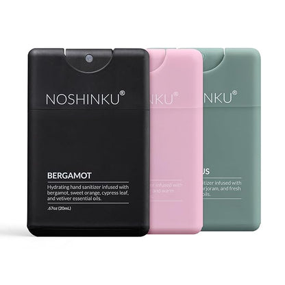 Noshinku - Refillable Hand Sanitizer Discovery 3-Pack, Travel Size Spray with Hydrating Botanical Oils, Natural Ingredients, All Natural Fragrances, Sugarcane Derived Alcohol, No Parabens, No Dyes