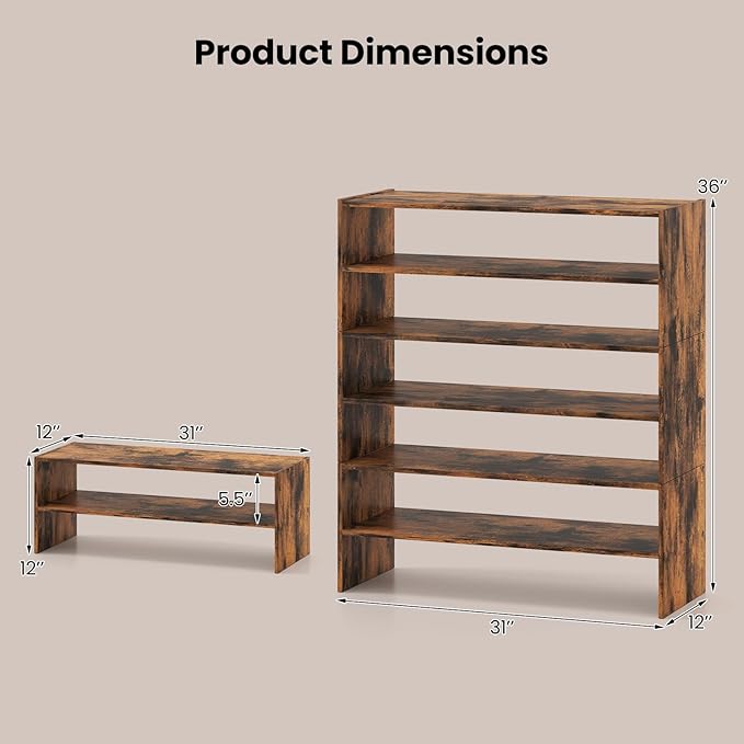 COSTWAY 6-Tier Shoe Rack, Extra Wide Shoe Shelf Organizer with Stackable Design, 31" Freestanding Adjustable Storage Shoe Stand for Small Space Entryway Hallway Closet (2,Rustic Brown)