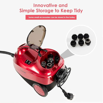 COSTWAY 2000W Multipurpose Steam Cleaner with 19 Accessories, Household Steamer with 1.5L Tank for Cleaning, Heavy Duty Rolling Cleaning Machine for Carpet, Floors, Windows and Cars, Red