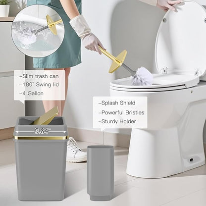 25PCS Bathroom Accessory Set, Beige Bathroom Set with Large-Capacity 4 Gallon Trash Can,Bathroom Rugs Set, Waterproof Shower Curtain, Toilet Brush, Toothbrush Holder & Soap Dispenser