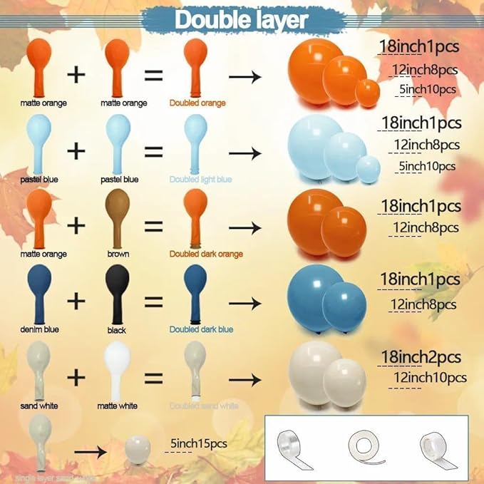 Blue Orange Balloon Arch Double Stuffed Latex Orange Sand White Balloons Light Blue White Balloon Garland for Birthday Fall Baby Shower Thanksgiving Harvest Autumn Home Decor