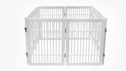 Pet Dog Gate Strong and Durable Freestanding Folding Acacia Hardwood Portable Wooden Fence Indoors or Outdoors by Urnporium (White Pet Gate, 8 Panel 24" Tall)
