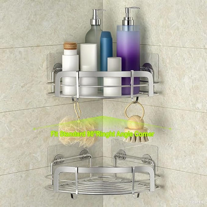 STEUGO 2 Pack Shower Caddy Corner, Bathroom Corner Shower Shelfs, Adhesive Wall Mounted Shower Caddy with 4 Movable Hooks, No Drilling Shower Shelf, Stainless Steel Silver.