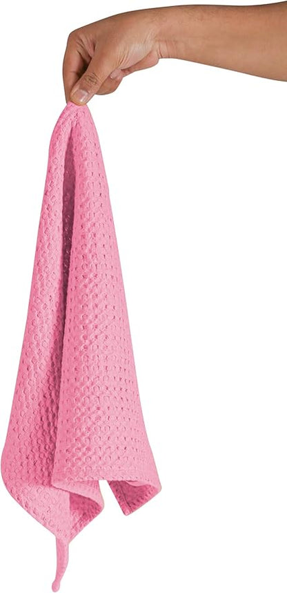 Native Fab 100% Cotton Premium Waffle Kitchen Towels, 4 Pack, 16" x 26", Super Absorbent Reusable Cleaning Cloths, Tea Towels, Machine Washable Hand Towels, Pink