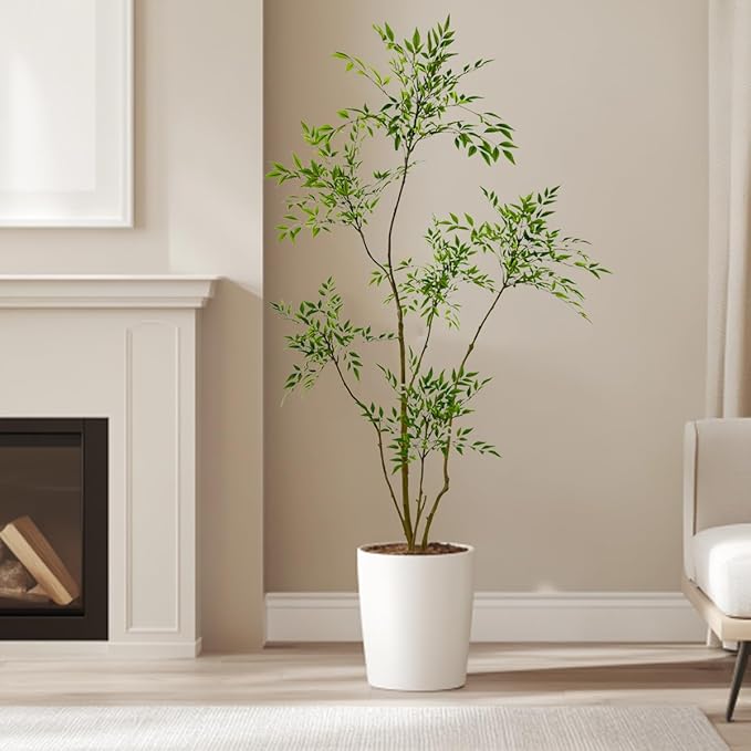 Artificial Nandina Domestica Tree, 6 ft Tall Indoor Plant, Potted Faux Greenery with Natural Stems