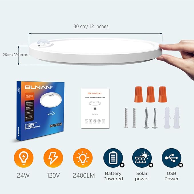 BLNAN Motion Sensor Ceiling Light Wired, 12 Inch 3000K 4000K 5000K Selectable LED Flush Mount Light Fixture, Motion Activated Light with Timer for Hallway Stair Walk-in Closet, Non-Dimmable