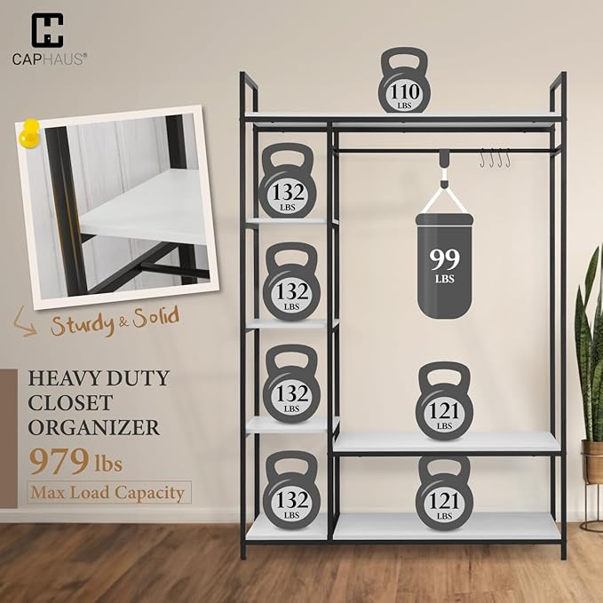 CAPHAUS 979lbs Capacity Garment Rack for Hanging Clothes, Heavy Duty Open Wardrobe w/Hanging Rods & Fabric Drawers, Free Standing Closet Organizer, Metal Closet Rack w/White Wooden Shelves
