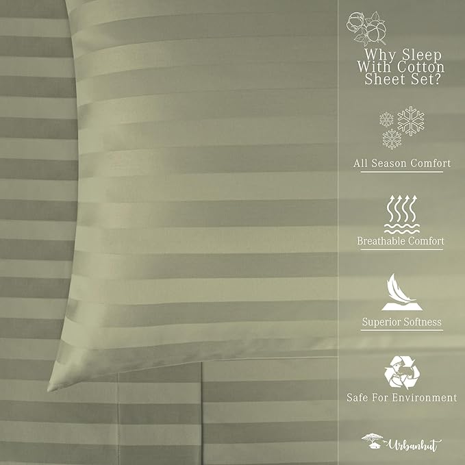 URBANHUT 800 Thread Count Egyptian Cotton Damask Striped Full Size Sheets Set (4 Pc) - Ultra Soft & Smooth, Sateen Weave Full Size Bed Sheets, Luxury Hotel Sheets with 16" Deep Pocket - Sage