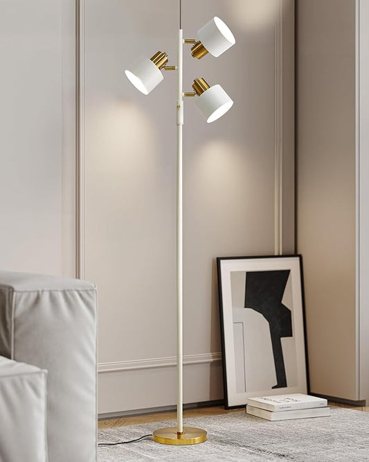 OYEARS Floor Lamp for Living Room Bright Lighting Tall Modern Industrial Vintage Standing Corner Lamps LED Metal Light Office Bedroom Study Gold Black Cream Matte Accent (3-Light, Cream)