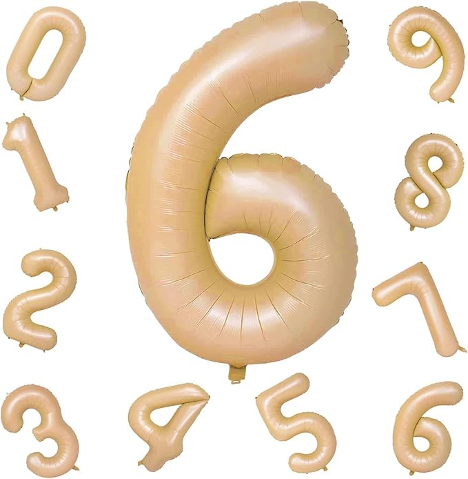 Nude Number Balloons for Boys Girls, 40inch Large Tan Number 6 Foil Mylar Helium Balloons, Self Inflating Apricot Number Balloons 0-9 for Men Women 6th 60th Birthday Anniversary Party Decoration