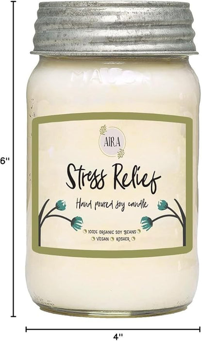 Aira Soy Candles - Organic, Kosher, Vegan, in Mason Jar w/Therapeutic Grade Essential Oil Blends - Hand-Poured 100% Soy Candle Wax - Paraffin Free, Burns 110+ Hours -Relaxing Stress Relief -16 Ounces
