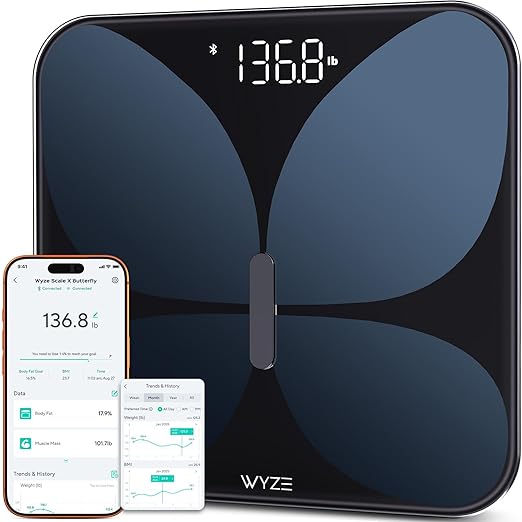 Wyze Smart Scale X Butterfly - Scale for Body Weight, BMI, Body Fat, Muscle Mass, Accurate Bathroom Digital Scale with Heart Rate Monitor | Sync Fitness Apps | for People, Baby & Pet, 400 lbs, Black