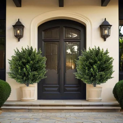 Artificial Cedar Topiary Ball Tree with Ground Spike 27.5", Set of 2 Outdoor Faux Plants UV Resistant Fake Bushes Shrubs for Garden, Yard, Porch, Patio Decor