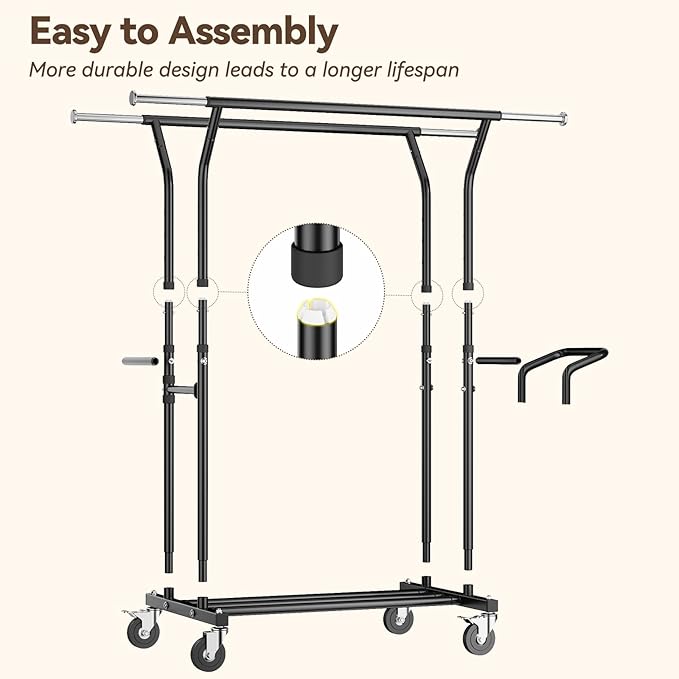 800LBS Heavy Duty Clothes Rack: Rolling Clothing Rack for Hanging Coat Double Rods Portable Wardrobe Garment Racks with Wheels Shelf Sturdy Metal Adjustable Bedroom Laundry Living Room (Black)