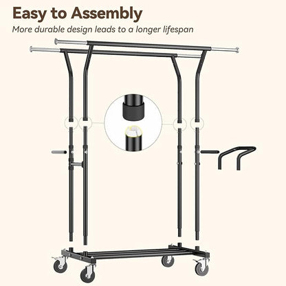 800LBS Heavy Duty Clothes Rack: Rolling Clothing Rack for Hanging Coat Double Rods Portable Wardrobe Garment Racks with Wheels Shelf Sturdy Metal Adjustable Bedroom Laundry Living Room (Black)