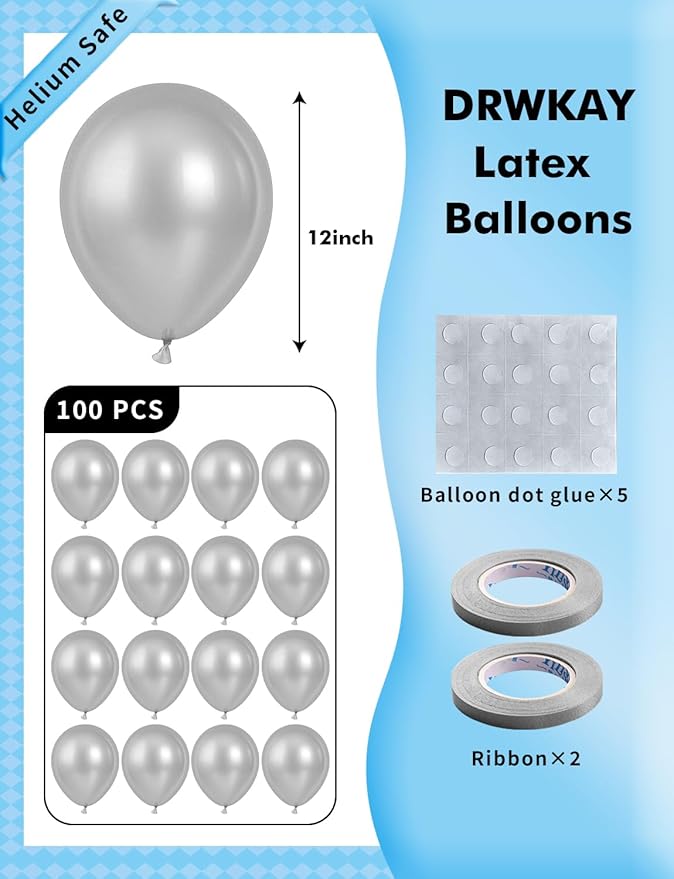 Metallic Silver Balloons 100 Pack, 12 Inch Chrome Latex Helium Garland for Elegant Birthday Wedding Baby Shower Arch Party Decorations