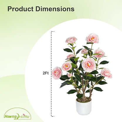 2 Pack Artificial Camellia Tree with White Pot, 24" Faux Potted Plants for Indoor Outdoor Decor, Tall Silk Greenery Plant for Home Office Living Room Balcony, Pink