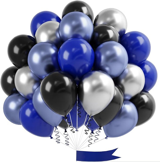 Dark Blue and Black Balloon, 60 Pcs 12 Inches Navy Blue and Metallic Silver Balloons for Kids Adults Birthday Space Party Wedding Baby Shower