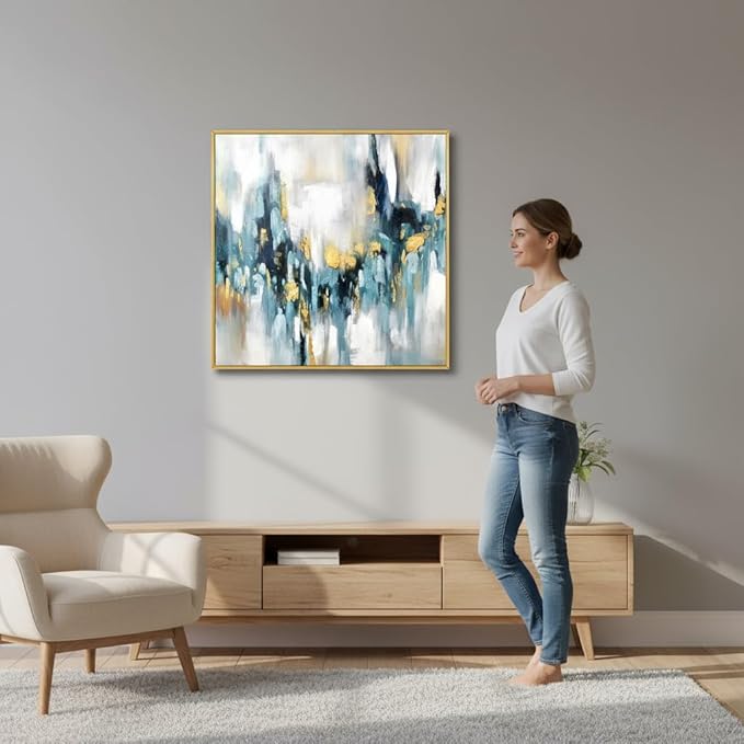 Large Blue and Gold Abstract Wall Art for Office. Hand-Painted Abstract Oil Painting for Living Room. Framed Blue Wall Painting Contemporary for Bedroom Home Decoration Ready to Hand 40x40inches