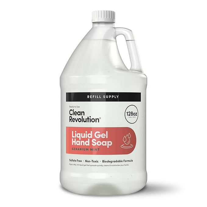 Clean Revolution Liquid Gel Hand Soap, Silky Rich Liquid, Quick Lather, Fast Rinsing, Contains Real Essential Oils (Geranium Mint) 128 Fl Oz