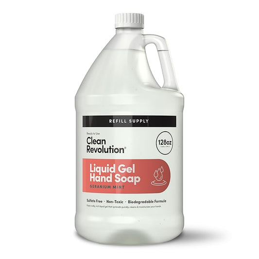 Clean Revolution Liquid Gel Hand Soap, Silky Rich Liquid, Quick Lather, Fast Rinsing, Contains Real Essential Oils (Geranium Mint) 128 Fl Oz