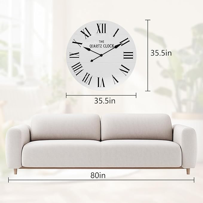 ARTPOWER Large Farmhouse Wall Clock, 35.5” Shiplap Wall Clock with Roman Numeral, Nearly Non-Ticking, Round Wall Clocks for Living Room Decor, Office, Bedroom, Entrance, White