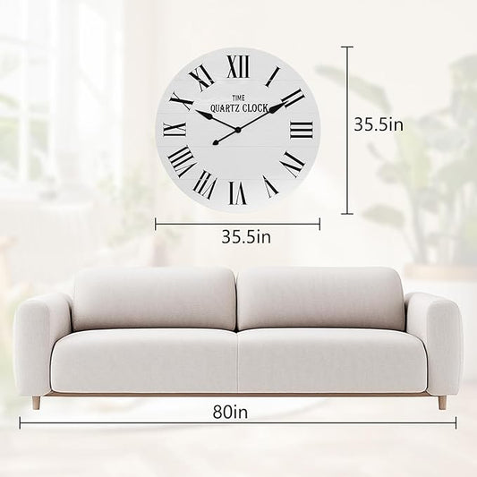 ARTPOWER Large Farmhouse Wall Clock, 35.5” Shiplap Wall Clock with Roman Numeral, Nearly Non-Ticking, Round Wall Clocks for Living Room Decor, Office, Bedroom, Entrance, White