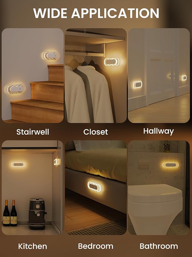 Motion Sensor Night Light, Rechargeable Warm White Night Lights, LED Battery Operated Stick-On Stair Lights Indoor, Magnetic Motion Activated Night Light for Bathroom Bedroom Hallway (2 Pack)