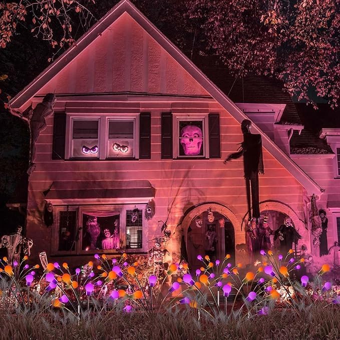 6Pack Total 48 LED Purple and Orange Solar Halloween Lights Outdoor - Solar Firefly Lights Outdoor, Sway by Wind, Waterproof for Garden Patio Pathway Halloween Decorations