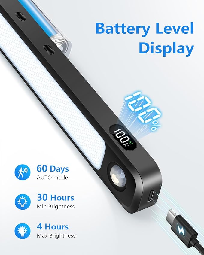 Ferswe 5W Motion Sensor LED Light Bar with Remote, 2500mAh Under Cabinet Lights with Battery Display,Eye-Friendly Mirror Lights Stick on, Rechargeable Light Bar for Cabinet, Closet, Bathroom and Desk