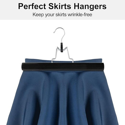 AMKUFO 12 Pack Black Wooden Pants Hangers with Clips Non Slip Skirt Hangers Trouser Clamp Hanger Solid Wood Hanger with 360° Swivel Hook