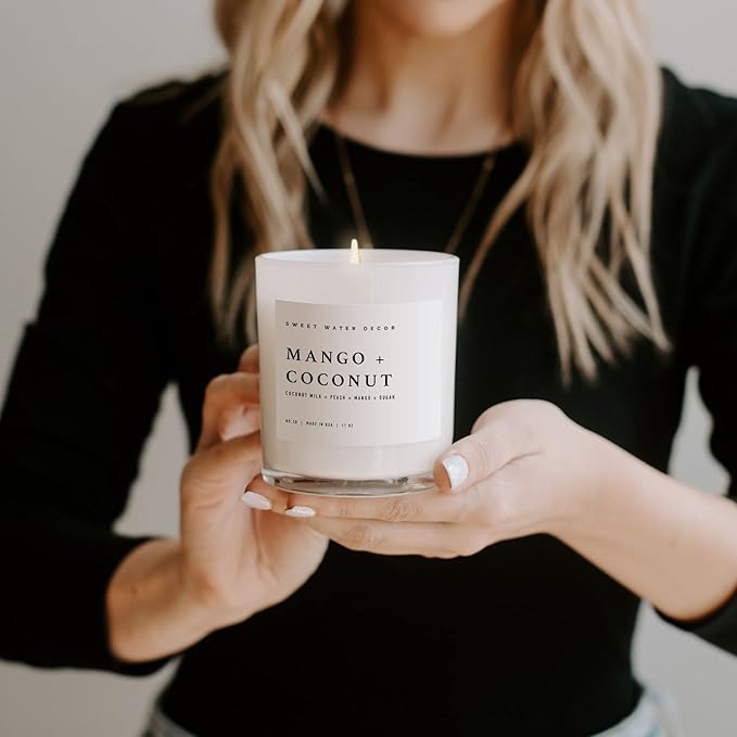Sweet Water Decor Mango and Coconut Candle - Soy Pineapple, Mango and Orange Scented Summer Candles for Home - 11oz White Glass Jar and Wood Lid, 50+ Hour Burn Time, Made in The USA