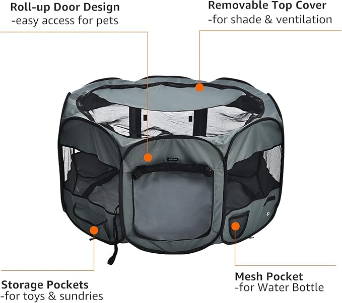 Amazon Basics Portable Soft Pet Dog Octagonal Travel Playpen, Large (45 x 45 x 24 inches), Grey