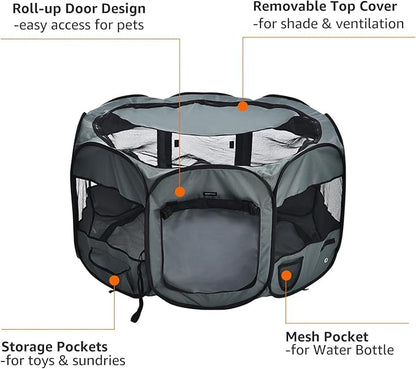 Amazon Basics Portable Soft Pet Dog Octagonal Travel Playpen, Large (45 x 45 x 24 inches), Grey