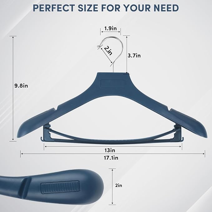 Suit Hangers for Men 50 Pack, Blue Coat Hangers Extra Wide Non Slip Width 17.7", Thick Plastic with Pants Bar & Metal Hook