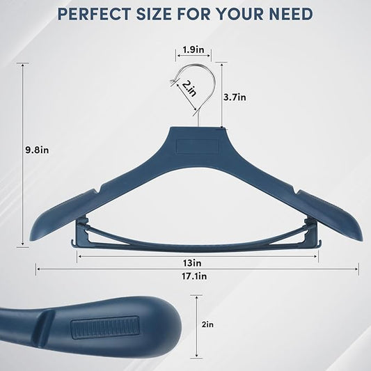 Suit Hangers for Men 50 Pack, Blue Coat Hangers Extra Wide Non Slip Width 17.7", Thick Plastic with Pants Bar & Metal Hook