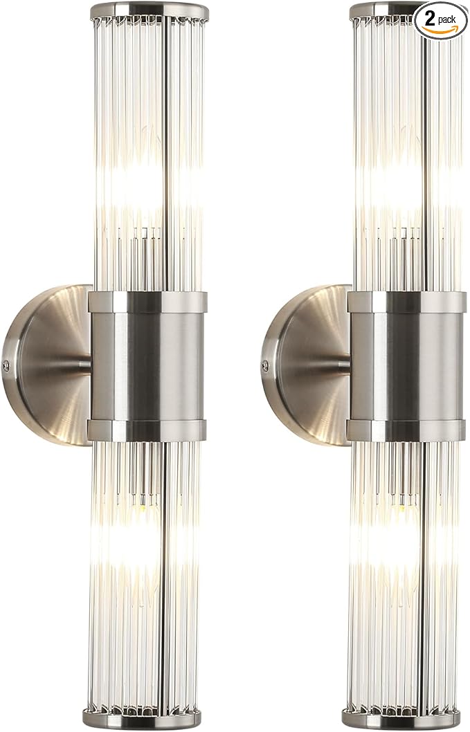 JOOSENLUX Bathroom Sconces Set of 2 Brushed Nickel Wall Sconce Light Fixtures with E12 Base and Glass Rod Design – Modern Vanity Light Fixture for Bathroom, Powder Room, Bedroom, Hallway