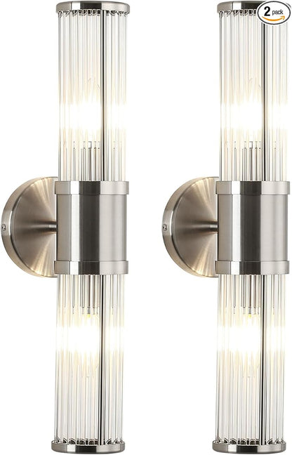JOOSENLUX Bathroom Sconces Set of 2 Brushed Nickel Wall Sconce Light Fixtures with E12 Base and Glass Rod Design – Modern Vanity Light Fixture for Bathroom, Powder Room, Bedroom, Hallway
