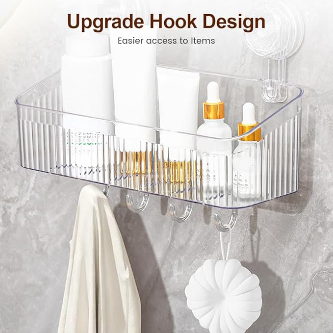 No-Drill Bathroom Suction Storage Box, Corrugated Suction Cup Wall Organizer, Removable Hanging Storage Basket with Strong Hold, Acrylic Shower Caddy for Bathroom (Clear M)