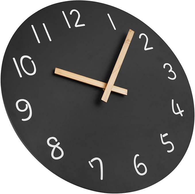 Plumeet 10'' Wooden Wall Clock Small Frameless Clocks with Silent Quartz Movement - Modern Style Village Wall Clocks Decorative Home Kitchen - Battery Operated (Black)