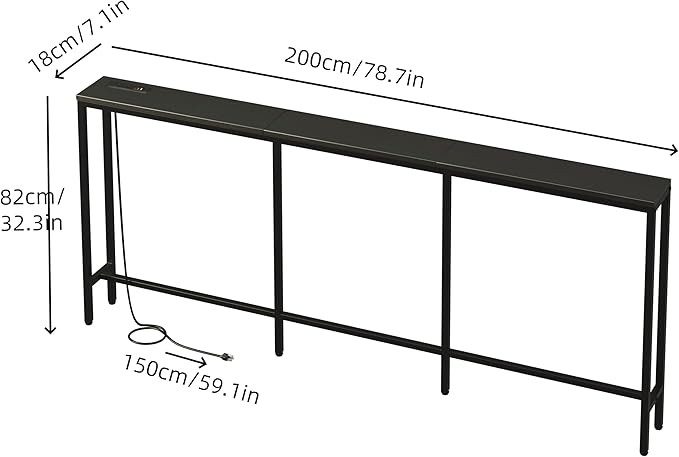 78.7" Behind Couch Table with Fast Charging Station, 7.1" Narrow Skinny Sofa Table with 2 Power Outlets, 2 USB-A, USB-C for Console Entryway, Black