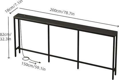 78.7" Behind Couch Table with Fast Charging Station, 7.1" Narrow Skinny Sofa Table with 2 Power Outlets, 2 USB-A, USB-C for Console Entryway, Black