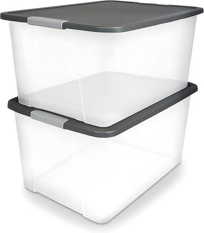 HOMZ 2-Pack Secure Latch, Clear Plastic Storage Organizer Bins, 64 Quart, Gray Lid - Heavy-Duty Container Boxes with Lids for Home, Office, and Garage